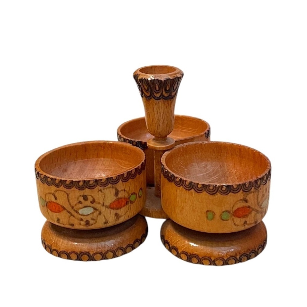 Vintage Hand-turned Wooden‎ Triple Pyrography Saltern,
